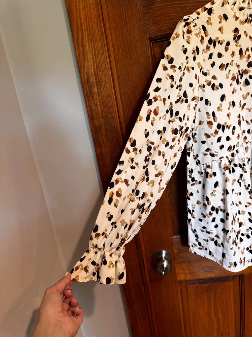8B. Amazon Cream Ditsy Floral Peplum Blouse with Brown & Black Spots - Picture 3 of 8